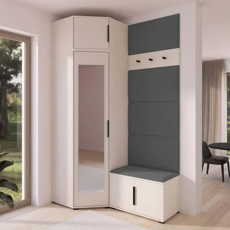 Garderoben-Set Napoli Version 18: Eckschrank mit Polsterpaneelen, Schuhschrank Flur und Eingangsbereich (Cashmere/Trinity 15), 225 x 70 x 140 cm – Bild 7