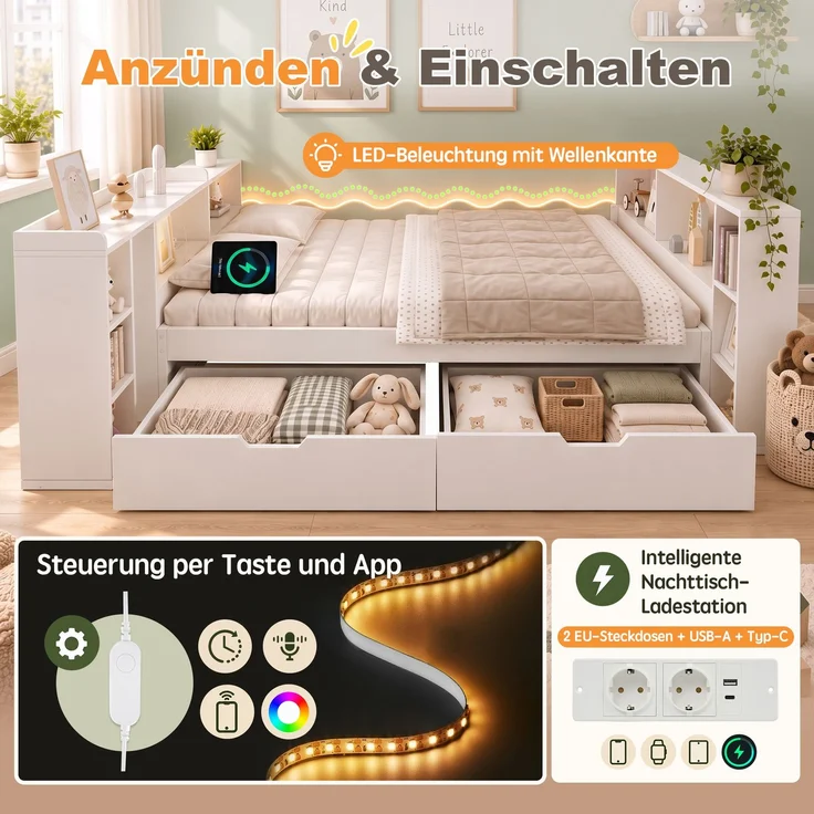 Bett 90x200 cm in Weiß mit Schubladen, LED und ausziehbarer Tischplatte, ohne Matratze – Bild 6