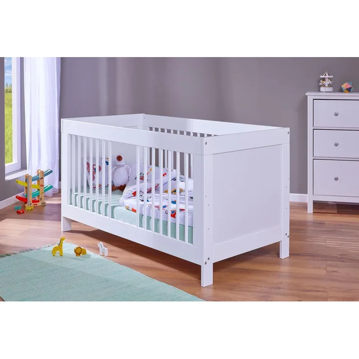 Inter Link - Babybett-Gitterbett - Kinderbett - höhenverstellbarer Lattenrost - Rausfallschutz - mit 3 herausnehmbaren Schlupfsprossen - massivholz - inkl. Lattenrost - Weiß - 140x70 cm Baila