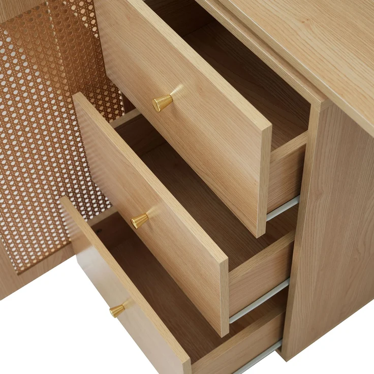 Schreibtisch mit 360°-Schwenkfunktion, MDF in Naturholzfarbe mit Rattan-Optik und Stauraum,75x126x40 cm – Bild 10
