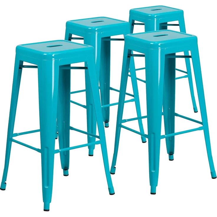 Flash Furniture Barhocker, kommerzielle Qualität, 76 cm hoch, ohne Rückenlehne, Metall, für Innen- und Außenbereich, quadratische Sitzfläche, Eisen, Kunststoff, Kristall-Türkisblau, 4 Stück