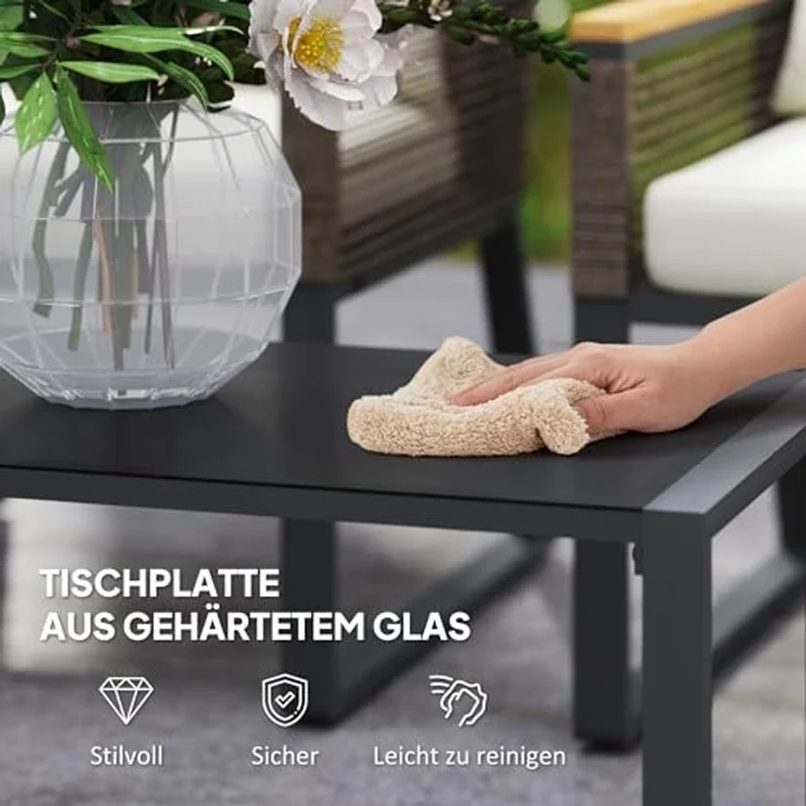 Outsunny Sitzgruppe 4 Personen, mit 2er Sofa, 2 Stühle, Glastisch, Kissen, (wetterfest Balkonmöbel-Set, 4-tlg, Polyrattan Gartenmöbel Set), Gartenlounge für Garten Balkon Grau+Beige – Bild 6