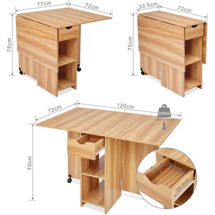 Mondeer Esstisch Klappbarer Esstisch, mit 1 Schublade und 2 Lagerregalkonsolen 72 x 120 x 75 cm – Bild 3