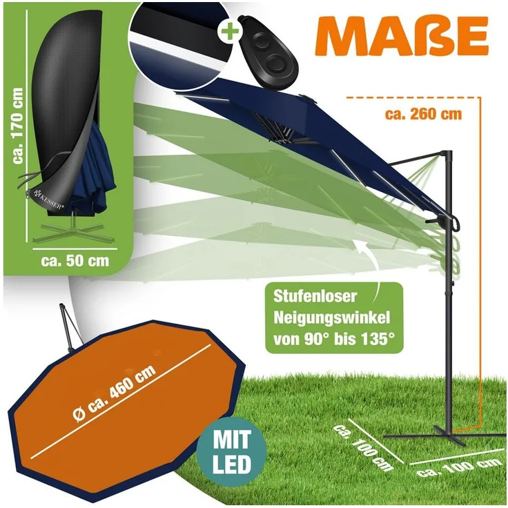 KESSER® Sonnenschirm Doppelsonnenschirm 4,6m x 2,7m | Ampelschirm Abdeckung & Windsicherung mit Kurbel & Ständer | Kurbelschirm Aluminium wasserabweisend | Neigbar Kippbar 360° Drehbar Navyblau, Mit LED