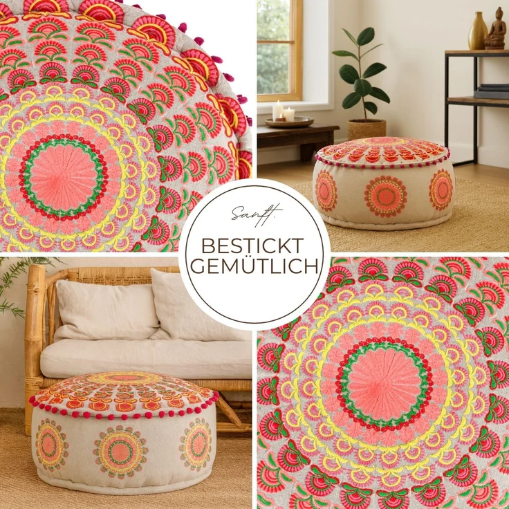 Marrakesch Orient & Mediterran Interior Pouf Pouf Garet Orange, runder Baumwoll-Sitzpouf bestickt 50x25 cm (1-St), Handarbeit – Bild 6