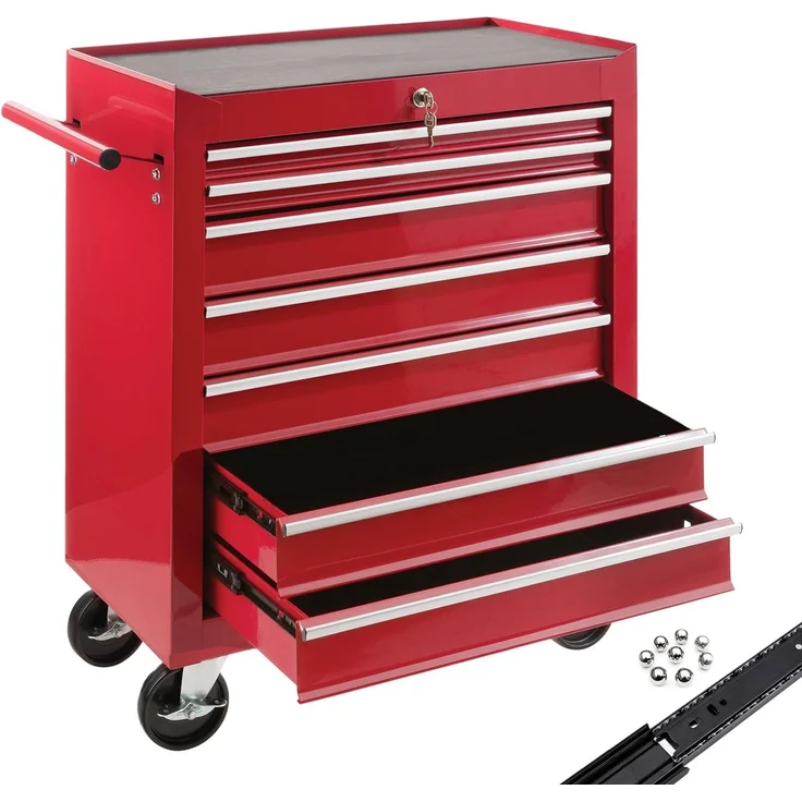 Arebos Werkstattwagen 7 Fächer, zentral abschließbar, inkl. Antirutschmatten, rot, (Werkzeug Rollwagen 7 Fächer) – Bild 1