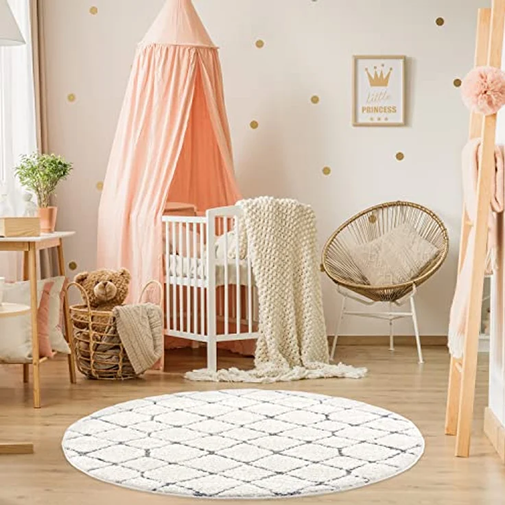 Teppich Rund - Hochflor - Boho - Pastell Cream Grau - 160x160cm - Modern Raute Muster - Skandinavisch Flauschig Weich - Wohnteppich Schlafzimmer Dekoration – Bild 8