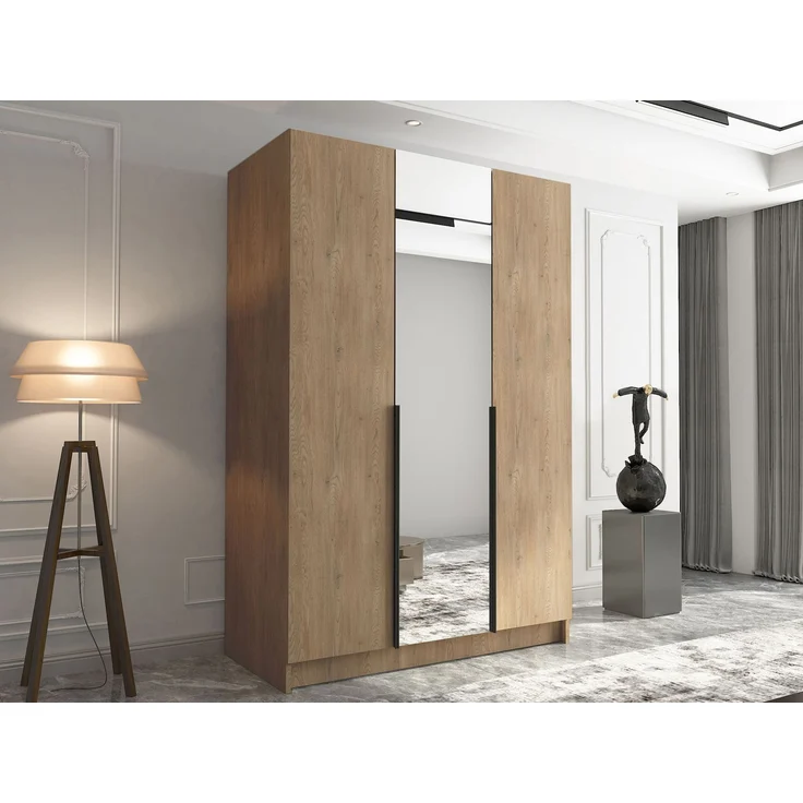Drehtürenschrank Cikzori II, Kleiderschrank mit 3 Türen, Frontspiegel (Farbe: Eiche Cremona / Eiche Cremona + Schwarz) – Bild 3