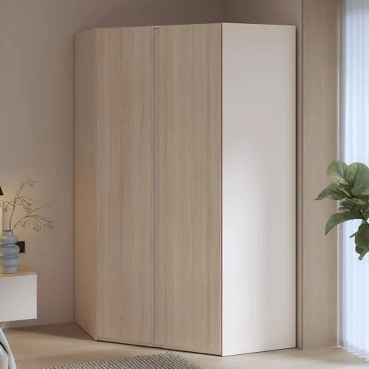 Forte PANOPTIK Eckkleiderschrank 120, moderner Schrank, 2-türig, Schlafzimmer, Jugendzimmer, platzsparend, Kaschmir|Beige|Riva Eiche Holzdekor, 116,8 cm breit x 210,5 cm hoch x 117 cm tief – Bild 2