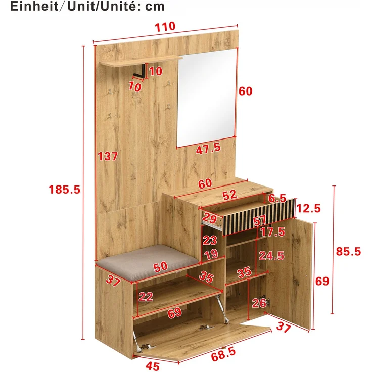 Flurschrank 110x37x185.5cm mit Sitzfläche,Soft-Close,verstellbaren Regalen,Spiegel,Haken,Schubladen,Stauraum,Natur – Bild 8