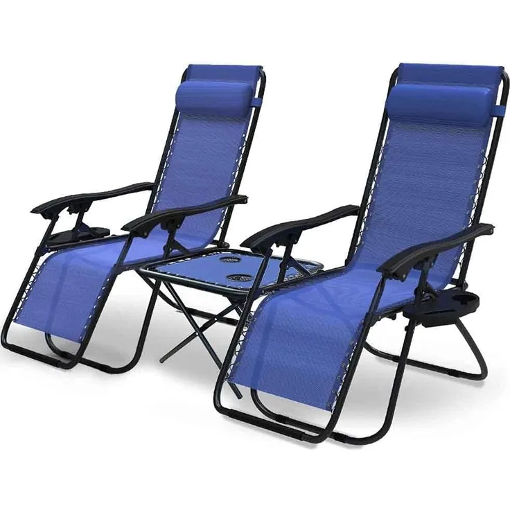 VOUNOT 2er-Set Liegestuhl Klappbar mit Beistelltisch, Relaxstuhl Garten mit Getränkehalter und Kopfpolster, Blau