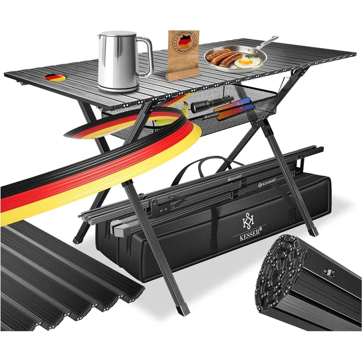 KESSER® Campingtisch faltbar Klapptisch mit Aluminiumrahmen Aufrollbare Tischplatte Falttisch klappbar 145x70x70cm bis 100kg inkl. Tragetasche mit Trageband & Netztasche Schwarz, 145 cm