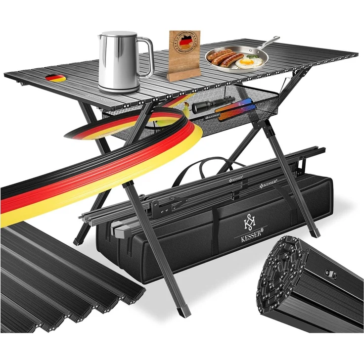 KESSER® Campingtisch faltbar Klapptisch mit Aluminiumrahmen Aufrollbare Tischplatte Falttisch klappbar 145x70x70cm bis 100kg inkl. Tragetasche mit Trageband & Netztasche Schwarz, 145 cm