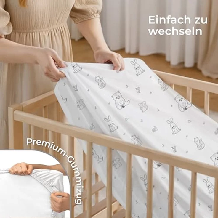 Dreamzie 2er Set Spannbettlaken 40x90 cm Beistellbett - Baumwolle Oeko-Tex - Bettlaken für Stubenwagen & Babybett klein - Woodland Weiß/Grau – Bild 7