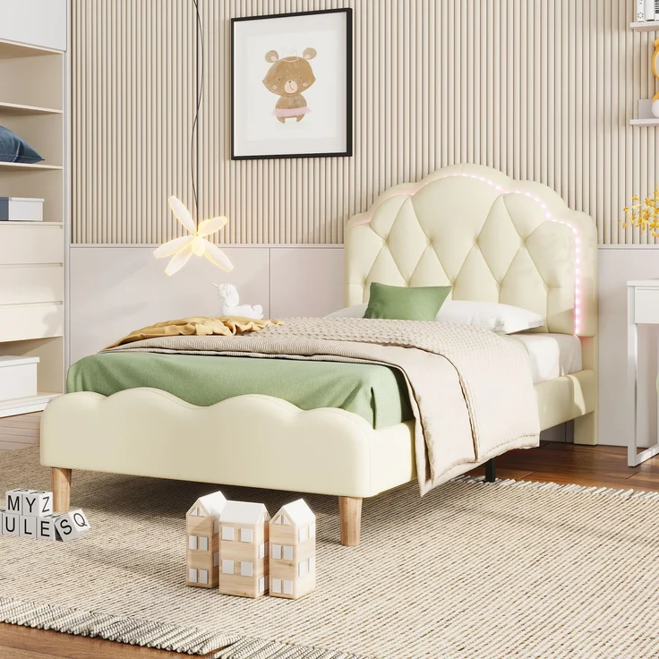 U-life Polsterbett 90x200 cm, Einzelbett und Kinderbett, mit wellenförmigem Kopfteil, LED-Lichtleiste und PU-Bezug, Beige – Bild 2