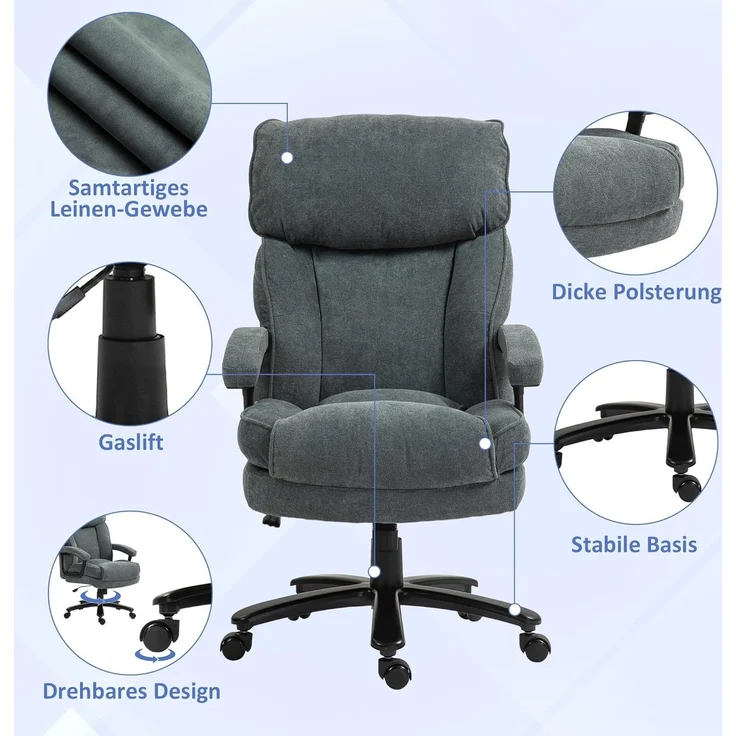 HOMCOM Bürostuhl Ergonomisch Schreibtischstuhl mit Wippfunktion, Leinenoptik (Computerstuhl, 1 St), bis 200 kg belastbat, für Home-Office, Grau – Bild 6
