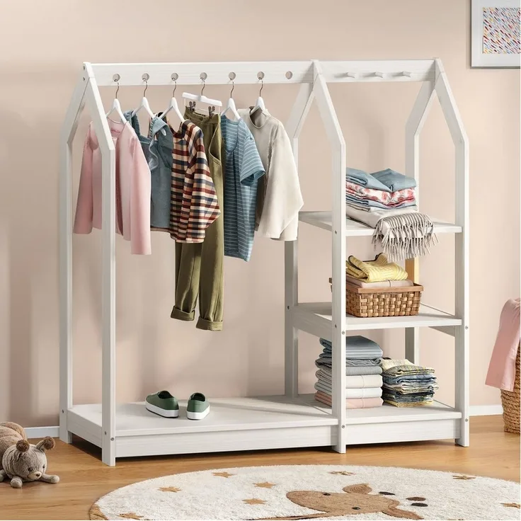 IDIMEX Kinderkleiderschrank SALLY Kindergarderobe im Haus Design, 4 Ablagen & Kleiderstange weiß