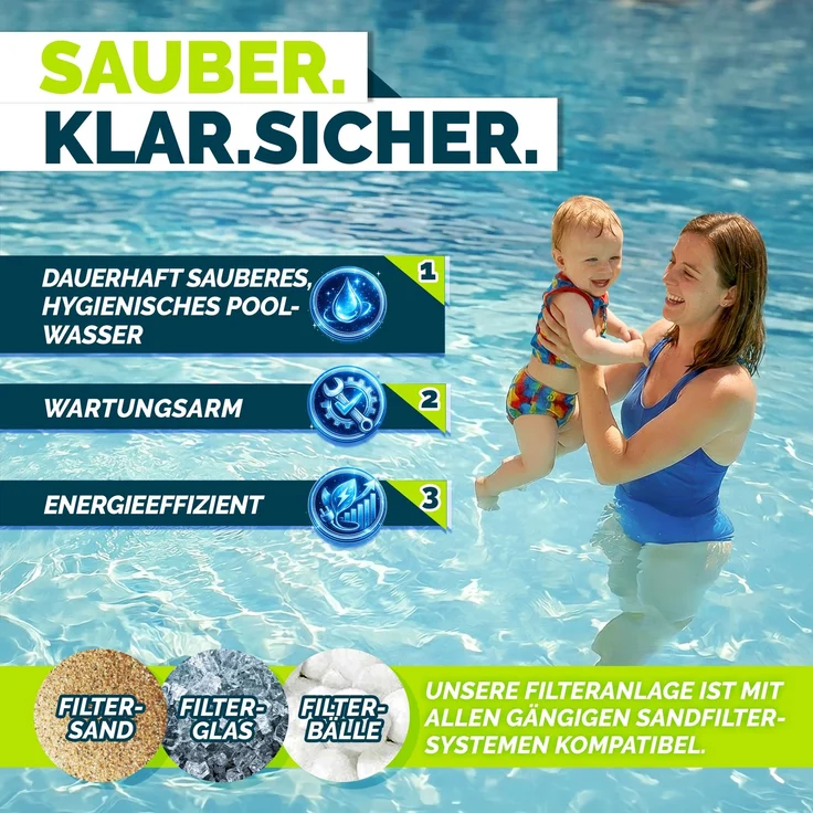 tillvex® Sandfilteranlage Pool Grün 13.200L/h bis 40.000L + 1200g Filterbälle | Filteranlage 7-Wege Ventil & 2in1 Adapter Ø32-38mm | Poolfilter Selbstansaugend | Sandfilter Schwimmbecken – Bild 6