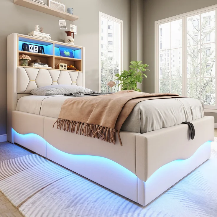 Merax Polsterbett, 90×200 cm Kinderbett, mit hydraulischem Stauraum, LED-Lichtband, USB-Ladeanschluss, Leinenpolsterung, Beige – Bild 3