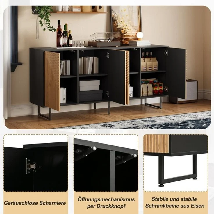 STILVORA Sideboard mit 4 Türen Vakuumgeformter Wohnzimmerschrank mit 3 Stützbeinen (Aufbewahrungsmöbel mit unterteiltem Stauraum, mit dreidimensionalen Texturen), symmetrischen Ansatz – Bild 4