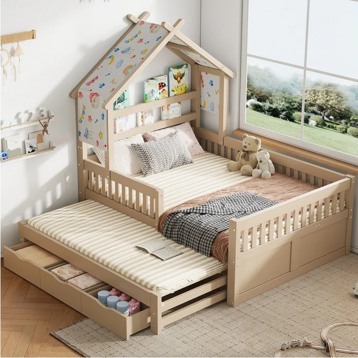 Merax Kinderbett 140x200cm mit Haus-Design, Hausbett mit Dach und Ablage (1-tlg), Kiefernholz Kinderbett mit Ausziehbett,3 Schubladen,Sicherheitsgittern – Bild 1