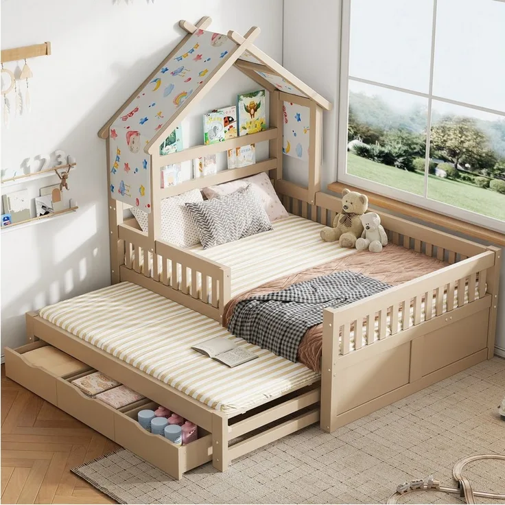 Merax Kinderbett 140x200cm mit Haus-Design, Hausbett mit Dach und Ablage (1-tlg), Kiefernholz Kinderbett mit Ausziehbett,3 Schubladen,Sicherheitsgittern