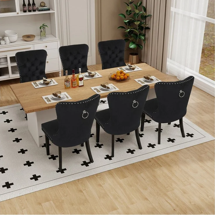 Puluomis Esszimmerstuhl (2/4/6/8 Set Grau/ Schwarz/Beige, 6 St), Samt Stuhl mit hoher Rückenlehne, Küchenstuhl mit Holzbeinen – Bild 2