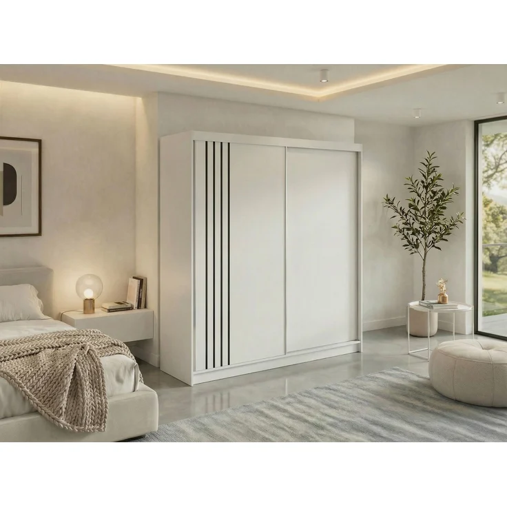 Schwebetürenschrank NAURU mit Lamellen-Optik, moderner Kleiderschrank, Breite 200 cm, inkl. Innenausstattung & Stauraum, Akustikpaneel-Design - Weiß und Schwarz - mit Schubladen – Bild 1