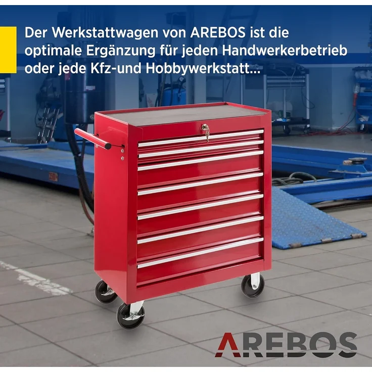 Arebos Werkstattwagen 7 Fächer, zentral abschließbar, inkl. Antirutschmatten, rot, (Werkzeug Rollwagen 7 Fächer) – Bild 4