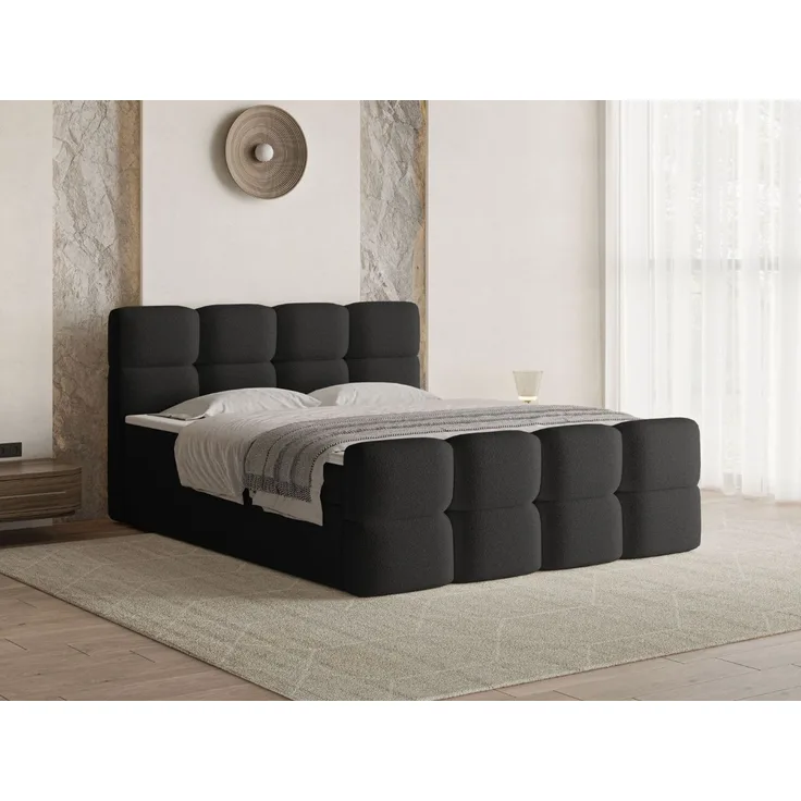 GRAINGOLD Rivon Doppelbett 180x200, Boxspringbett, zwei Bettkästen, mit Kopfteil, Modern Stil, Bouclé-Stoff, Schwarz