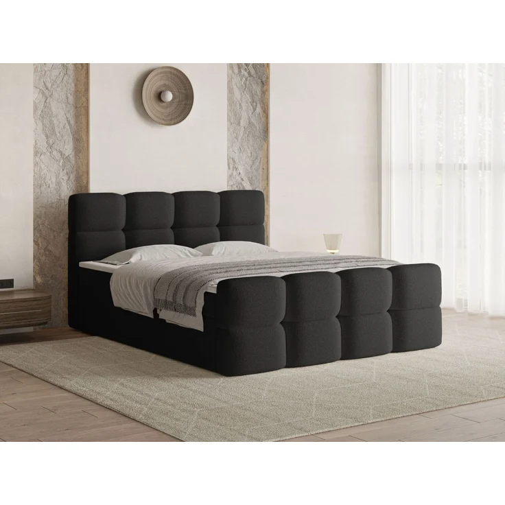 GRAINGOLD Rivon Doppelbett 180x200, Boxspringbett, zwei Bettkästen, mit Kopfteil, Modern Stil, Bouclé-Stoff, Schwarz – Bild 1