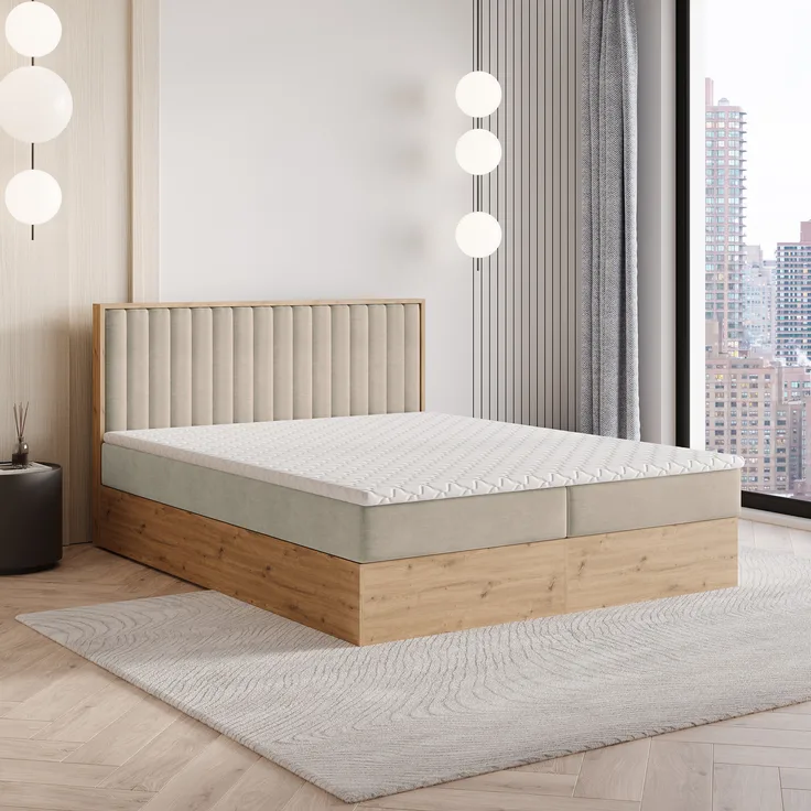 Masseno Boxspringbett VARELI 140x200 cm, Komplett-Set mit Bonell Matratze und Topper, Polsterbett mit Bettkästen, Beige