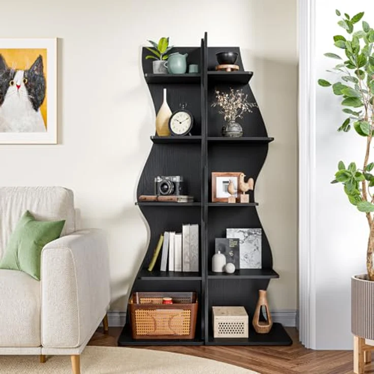 LITTLE TREE Bücherregal Ecke, Modernes Regal Schmal mit 6 Ebenen, 50 x 48 x 179 cm Bücherregal Holz, Standregal mit Wellen-Design für Kleine Räume, Wohnzimmer & Schlafzimmer, Schwarz, 2er Pack – Bild 8