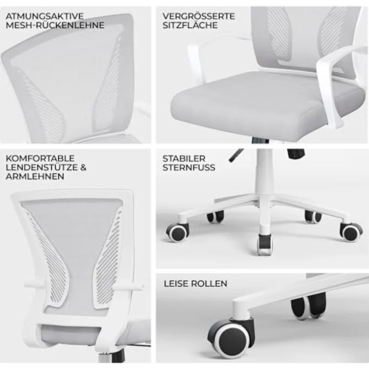Yaheetech Bürostuhl Ergonomisch, Schreibtischstuhl mit Netzbespannung, Arbeitsstuhl mit Armlehnen, Chefsessel aus Mesh, höhenverstellbarer Computerstuhl 136 kg, atmungsaktiv, Wippfunktion Hellgrau – Bild 8