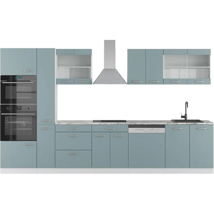 Küchenzeile R-Line Blau-Grau/Weiß 350 cm mit Hochschrank, ohne Arbeitsplatte Vicco – Bild 1