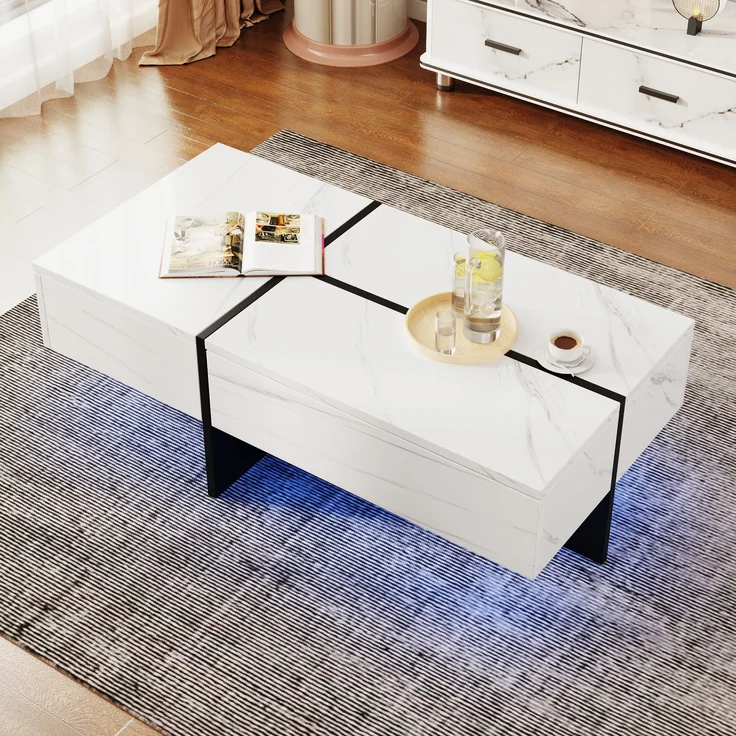 Couchtisch, Spanplatte in Hochglanz marmorähnlicher Optik mit LED-Beleuchtung & 3 Schubladen, 100x50x34,5 cm, Weiß – Bild 5