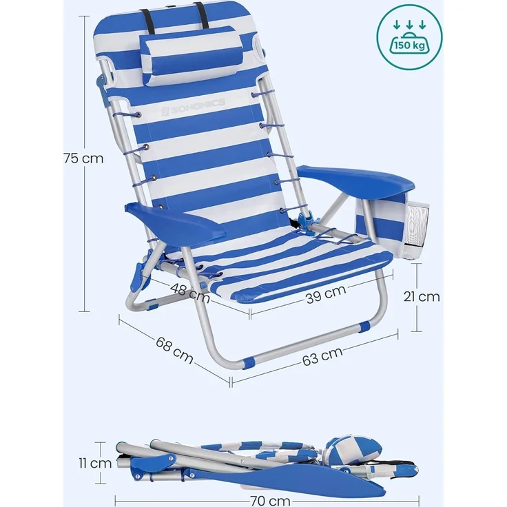 SONGMICS Strandstuhl, faltbar mit Schultergurt, verstellbarer Rückenlehne & Kopfstütze, Blau / Weiß – Bild 7