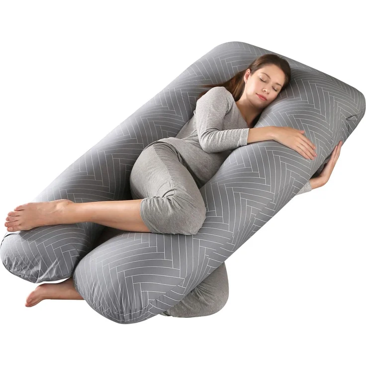 SHANNA Körperkissen mit bezug, Seitenschläferkissen, U-förmiges Body Pillow, Stützkissen, Schwangerschaftskissen abnehmbar, waschbar, 70x145 cm (Grau gestreift)
