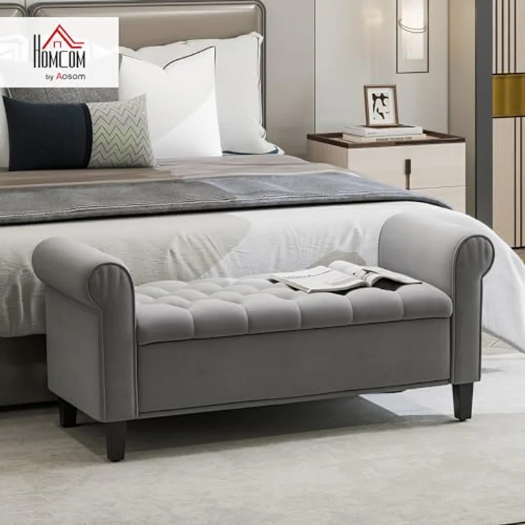 HOMCOM Polsterbank Flurbank, mit Stauraum, in Samtoptik, 126 x 48,5 x 47 cm (Bettbank, 1-St, Sitzbank), für Schlafzimmer, Grau – Bild 3
