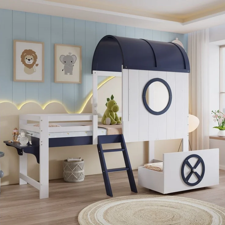 Merax Hochbett (Etagenbett Jugendbett Hausbett Einzelbett, 1-St, Kieferholz) Kinderbett 90x200 cm mit Dach Fenster Schublade Schrägleiter Regal – Bild 5
