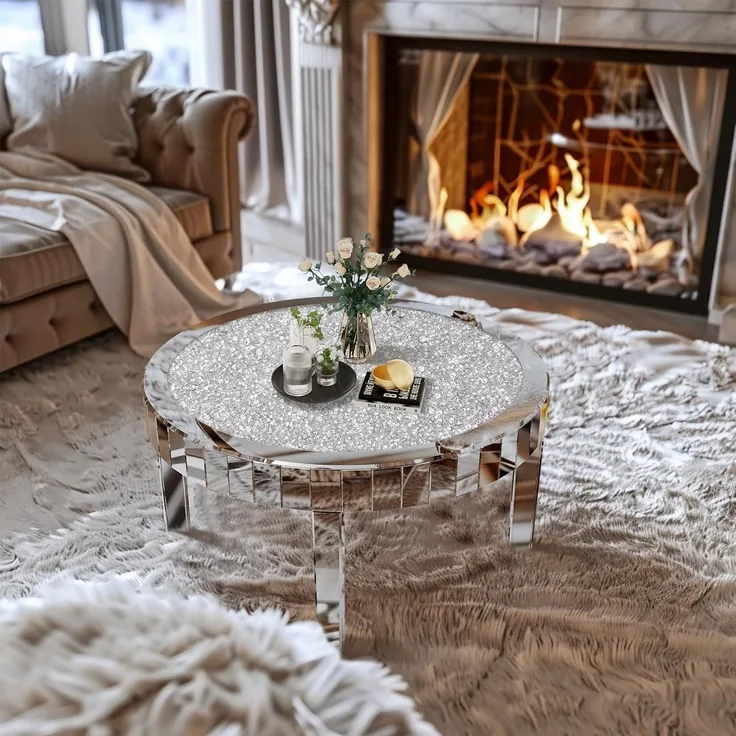 Runder Couchtisch Kristallglas Diamant Silber 80cm Sofatisch Verspiegelt