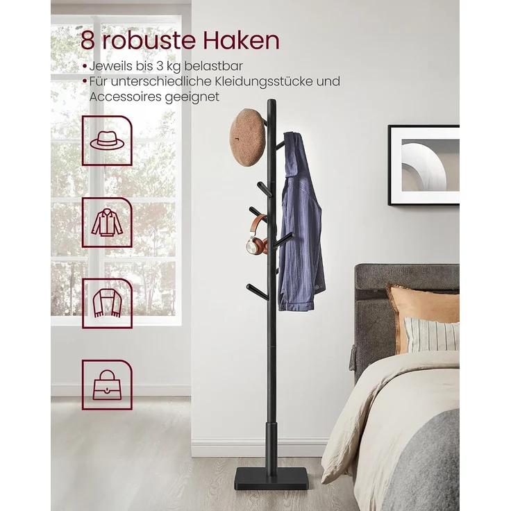 Vasagle Garderobenständer mit 8 Haken, Holz Tintenschwarz, 30 x 30 x 175 cm – Bild 3