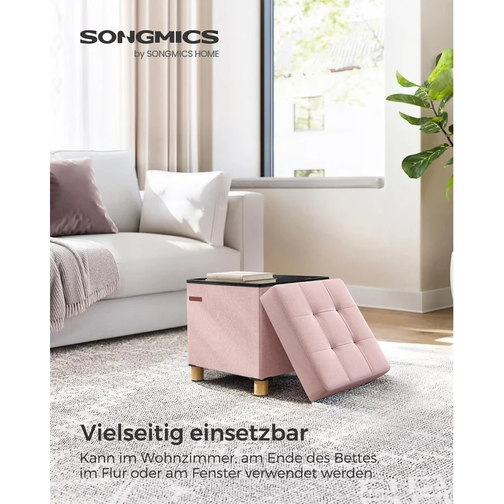 Songmics Sitzbank mit Stauraum, Schuhbank, klappbare Sitztruhe, Aufbewahrungsbox, Fußbank, 38 x 38 x 40 cm, für Wohnzimmer, Schlafzimmer, pastellrosa LSF014P11 – Bild 4