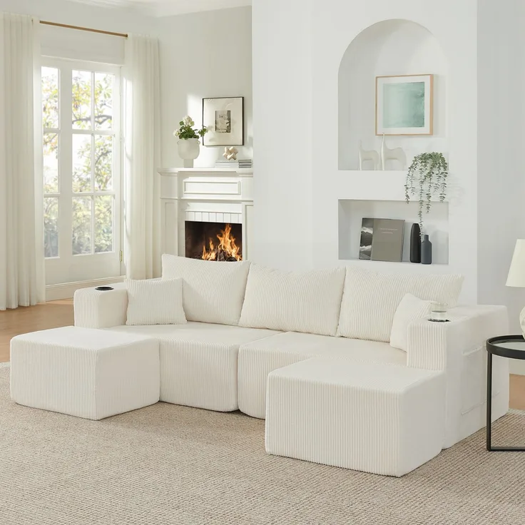 EINHOM 3-Sitzer modulares Ecksofa, komprimiertes L-Form Sofa mit beweglichen Ottomanen, weicher Cordstoff, Getränkehalter, Seitentasche und Kissen, geeignet für Wohnzimmer, Hotels und Mietwohnungen, Beige