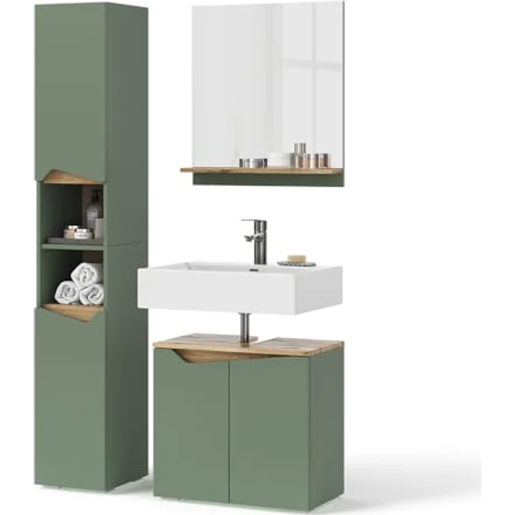 Vichy Badmöbelset Marelle, 3-teilig mit Hochschrank, Grün/Artisan, inklusive Badezimmer-Spiegel und Waschtischunterschrank – Bild 6