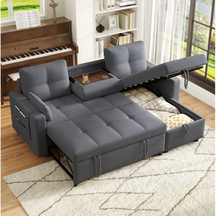 DESVIAE Schlafsofa L-Form mit Stauraum und Getränkehaltern 211x136x87 cm Leinenoptik Grau – Bild 2