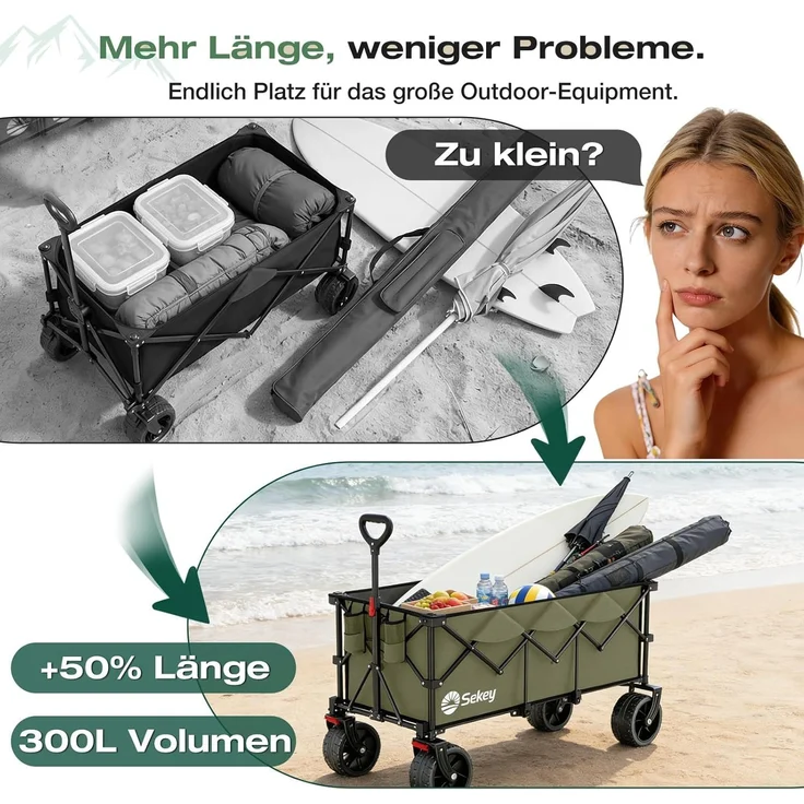 Sekey XXXL Verlängerter Bollerwagen Faltbar Handwagen mit Extra Breite 17x10 cm All-Terrain-Räder, 300L 200KG Belastbar, Grün – Bild 2