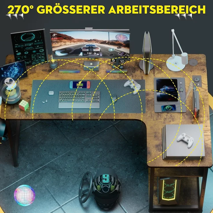 COMHOMA Schreibtisch Gaming Tisch mit Regal, Eckschreibtisch mit USB-Ladeanschluss und Steckdose, 140cm Computertisch L Form, PC Tisch für Büro, Heimbüro (braun-120CM) – Bild 4