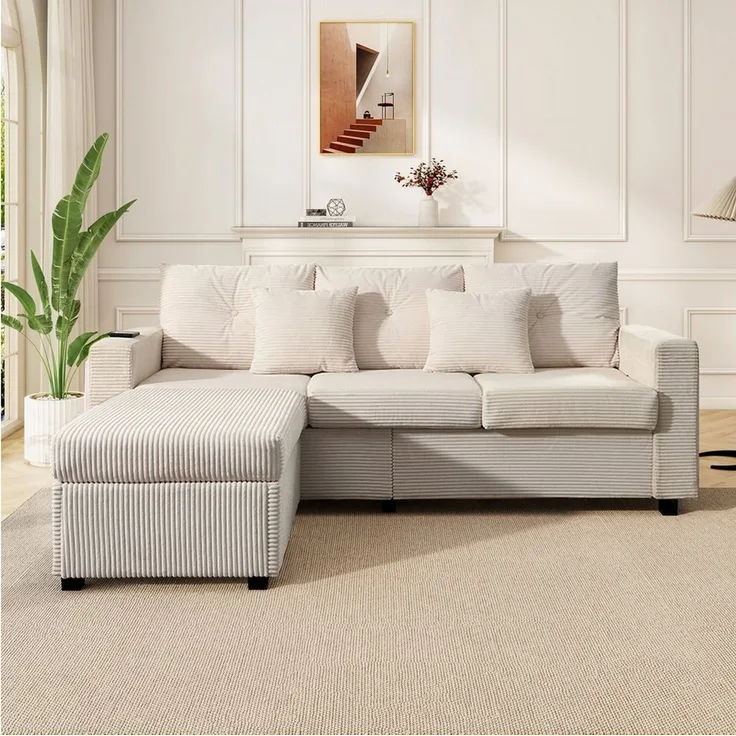 Merax 3-Sitzer L-förmiges Sofa mit LED-Beleuchtung, Wolkenweiches Sitzgefühl, Modulares Design, Cordstoff 1 Teile, 3-Sitzer Sofa mit Extra großer Ottoman, Seitentaschen & 2 Zierkissen