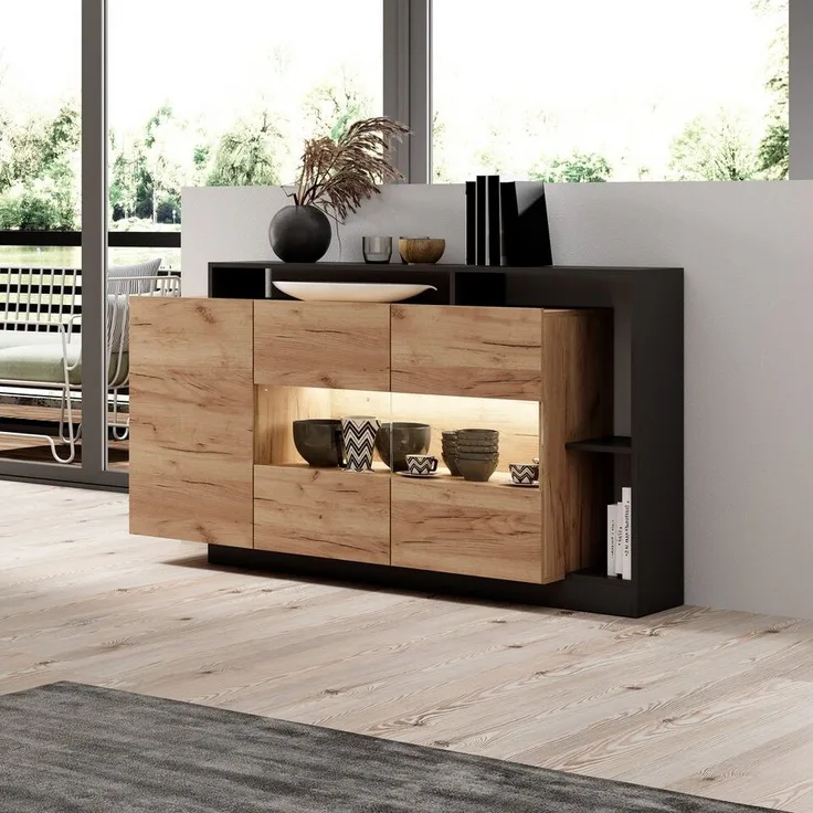 Masseno Kommode ALBINA 155 cm Sideboard und 3 Türen braun